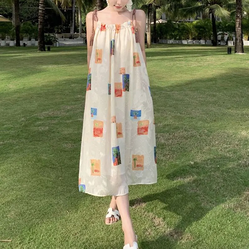 Holiday Beach Style Printed Slip Midi Dress 2024 Summer Loose Stylish Shirring Women\'s Clothing O-Neck Casual Drawstring Dresses