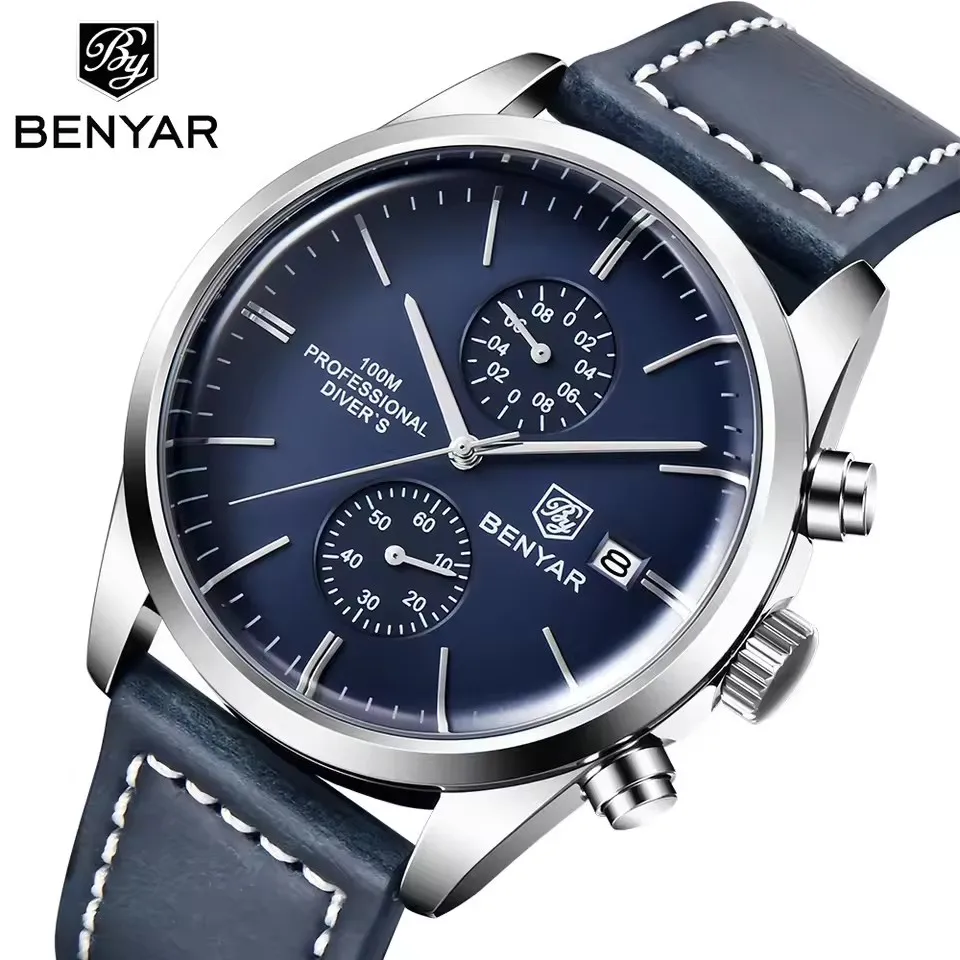 BENYAR 5187 Classic Simple Men's Quartz Watch Luxury Brand 100M Waterproof Calendar Military Sports Chronograph Leather Strap