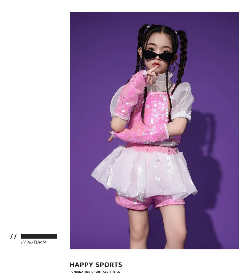 Pailletten-Jazz-Tanzset für Mädchen, Hip-Hop-Bühnenoutfit, Laufsteg-Show-Kostüm mit Glitzer für Kinder und Teenager, Tanzwettbewerbskleidung – Detail 6