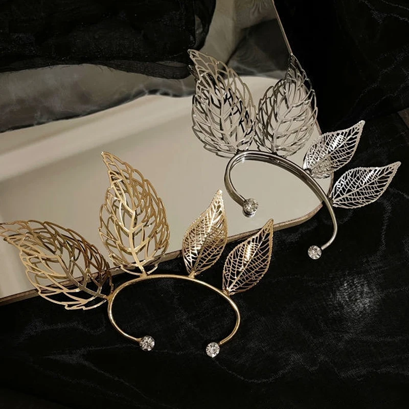 1 Pc Chic Elf Ear Cuff Maple Leaf Hollowed Zircon Leaf Cosplay Fairy Earring Clips for Women Girls Wedding Ear Cuff Jewelry