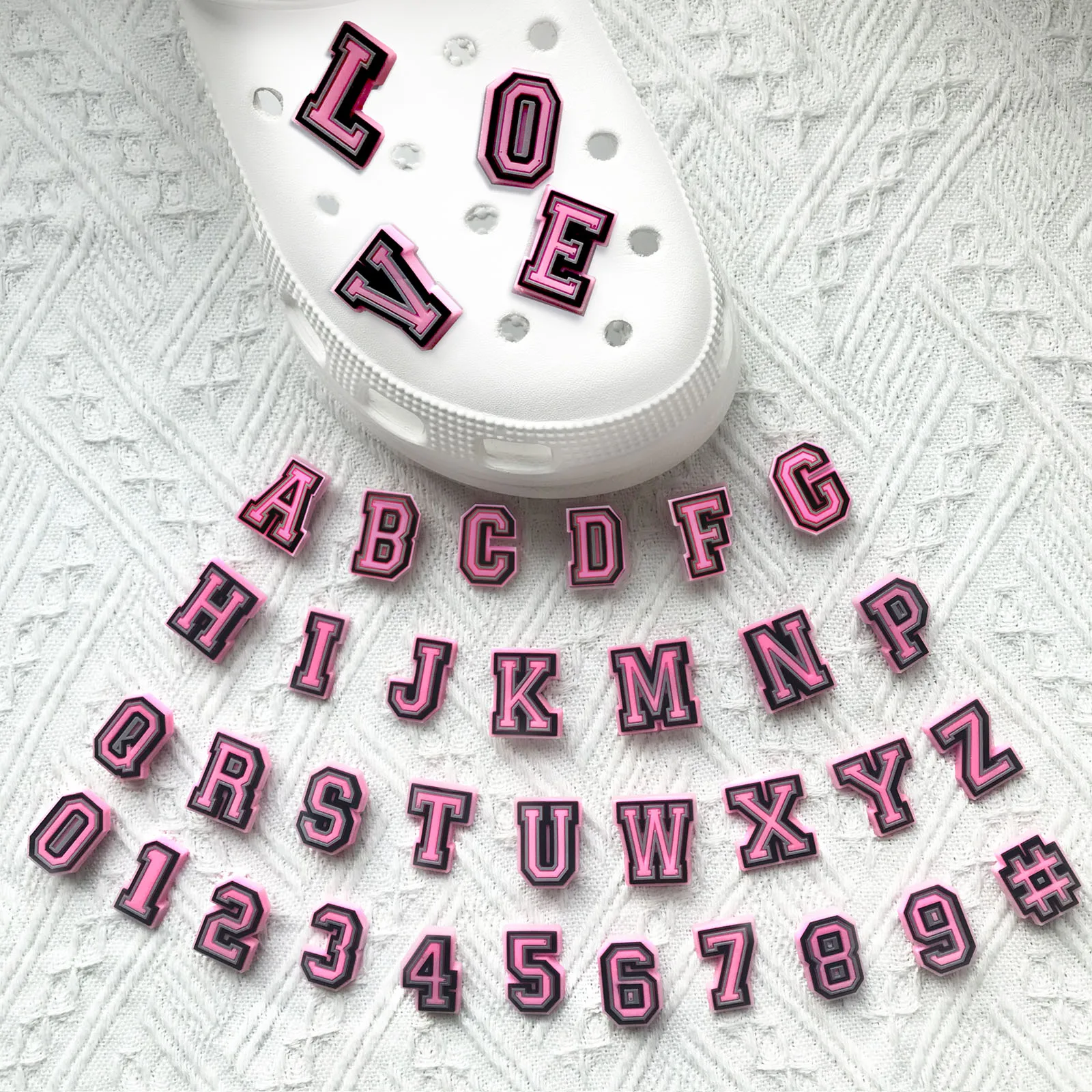 

37 шт., розовые подвески для обуви с буквами и номерами для обуви, брелок для ключей, сандалии, пляжная сумка, украшения для обуви из ПВХ «сделай сам», аксессуары, булавка для обуви