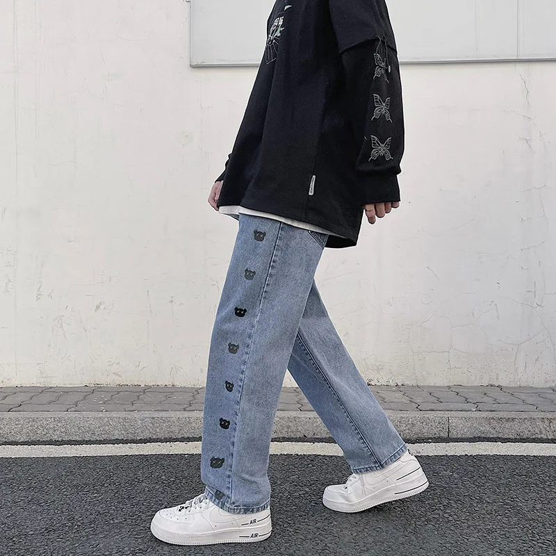 Men's Printed Jeans Fashion Straight Style New Casual Wide Leg Jeans Men's Street Clothes Korean Hip Hop Pants Summer Jeans