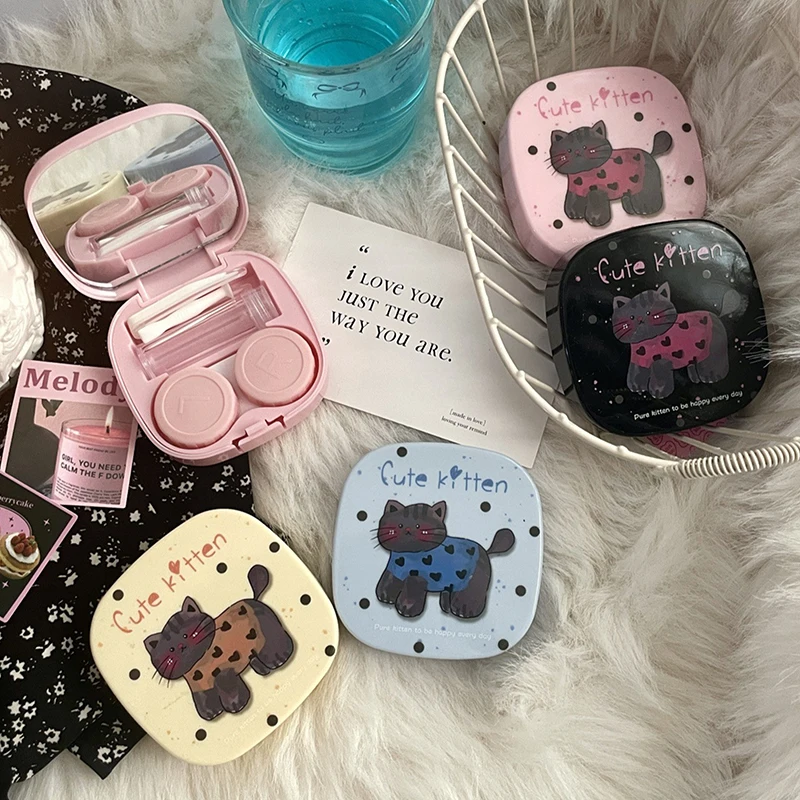 Cute Cat Graffiti Pattern Contact Lens Case Box With Mirror Contact Lens Container Box Travel Kit