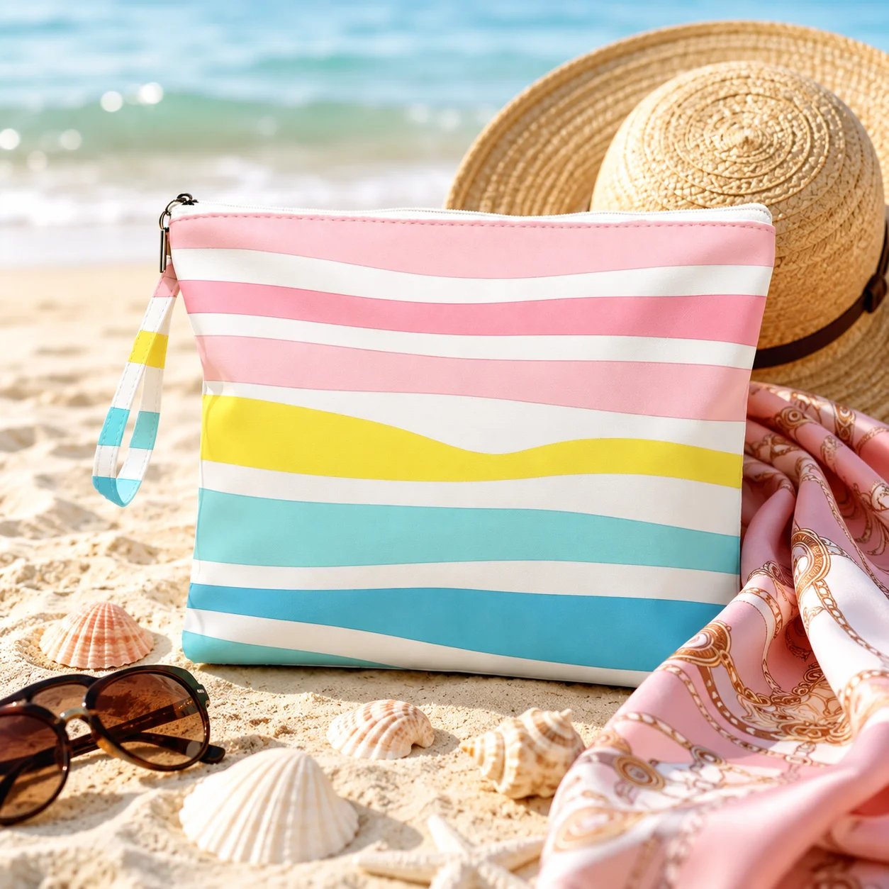 Pastel Striped Travel Cosmetic Bag with Wrist Strap, Large Zipper Toiletry Organizer for Women, Beach Pool Vacation Pouch