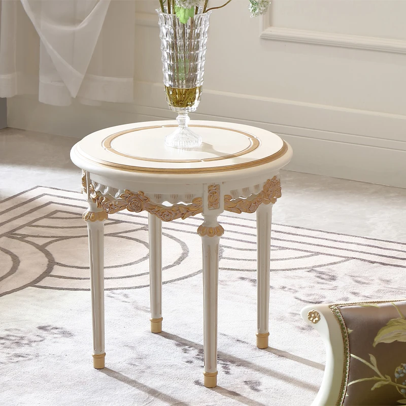 ！@Handmade French Classical Antique White Solid Wood Round Corner Side Table for Living Room