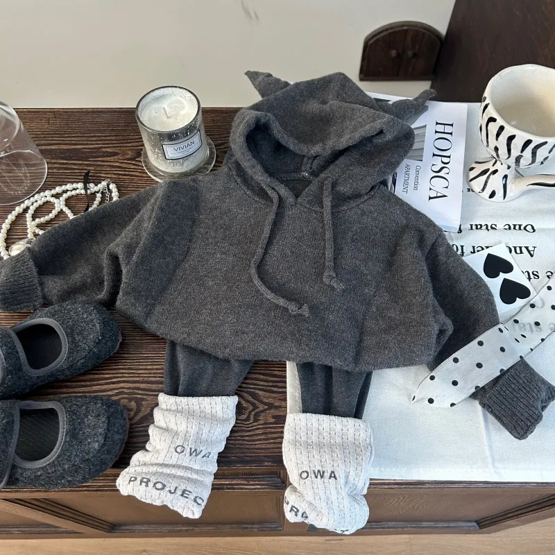 

Toddler Kids Girls 2piece Set 2025 Autumn Knitting Hooded Children Girls Sweater Korean Letter Printed Junior Girls Leggings