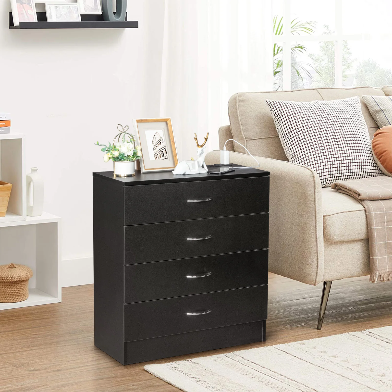 PB Wood Simple 4-Drawer Nightstand Dresser with USB Ports & Outlet Black