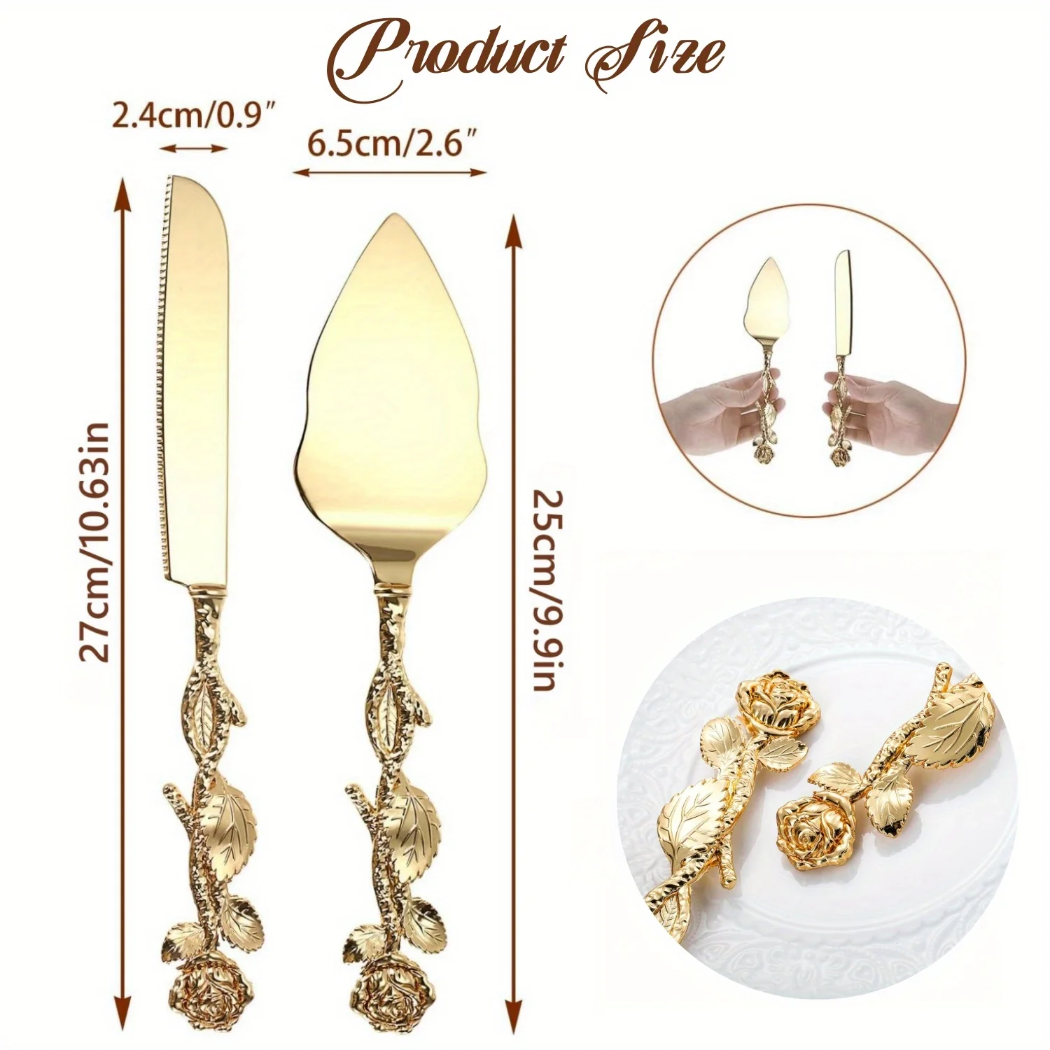 2pcs Set of Golden Color Cake Knife and Spatula Luxury Rose Shaped Handle Cake Knife for Weddings Birthday Party Tableware Gifts
