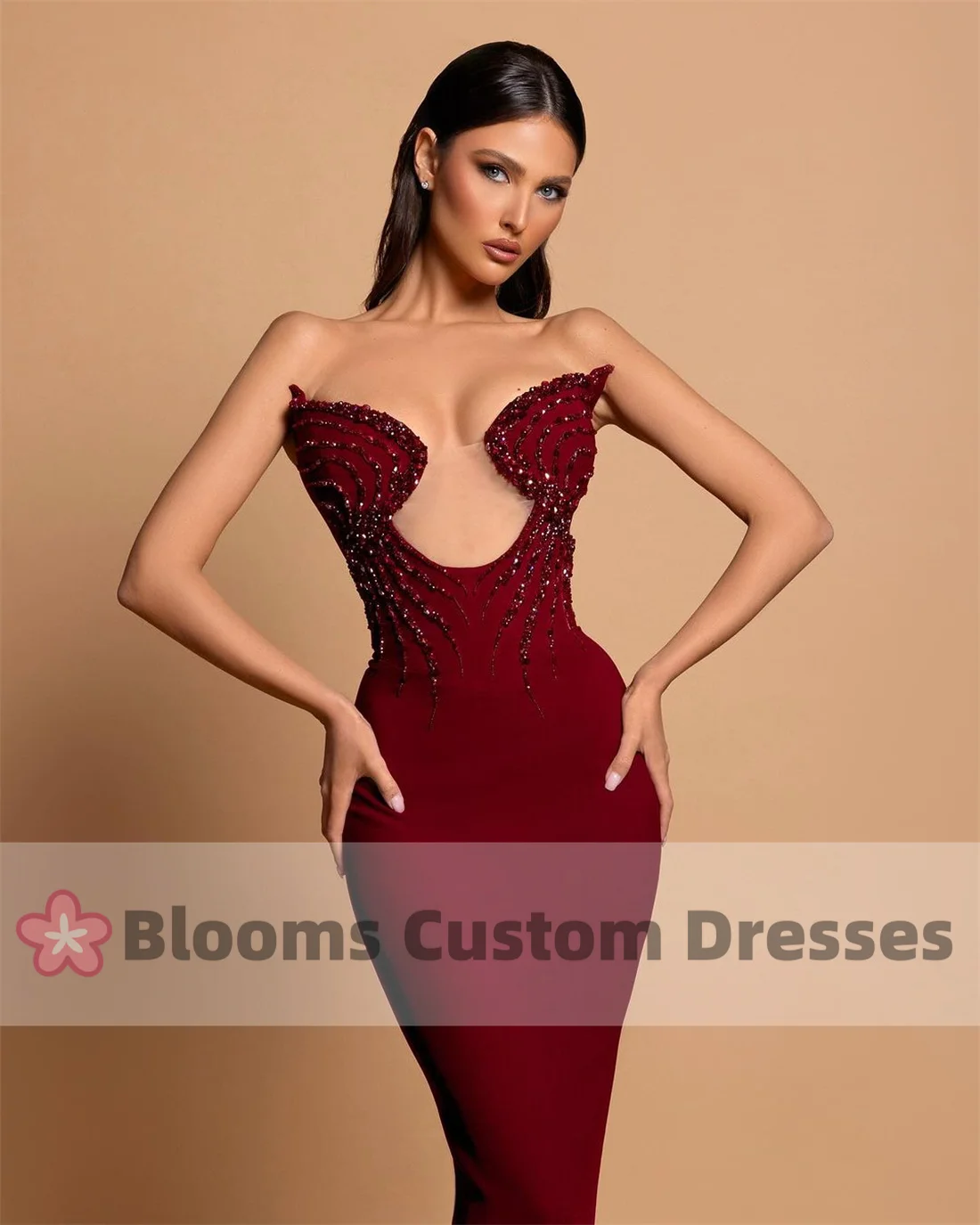 Customized Burgundy Beads Sequins Luxury Evening Dresses Sheath Sleeveless Crepe Formal Occasion Gown Backless Custom Party