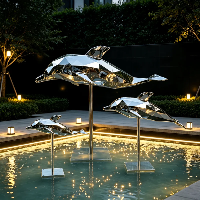 Stainless Steel Geometric Dolphins Decoration, Park Landscape, Lawn, Courtyard, Office, Home, Waterscape