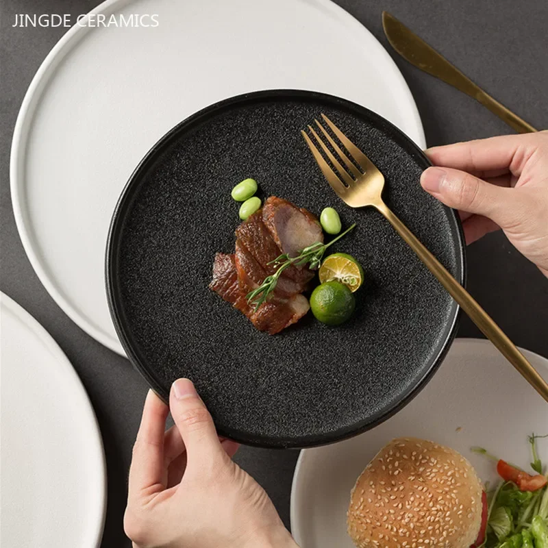 1pc Japanese Ceramic Plate Western Steak Plate Household Black Frosted Flat Dishes Kitchen Dinner Plates Tableware Accessories