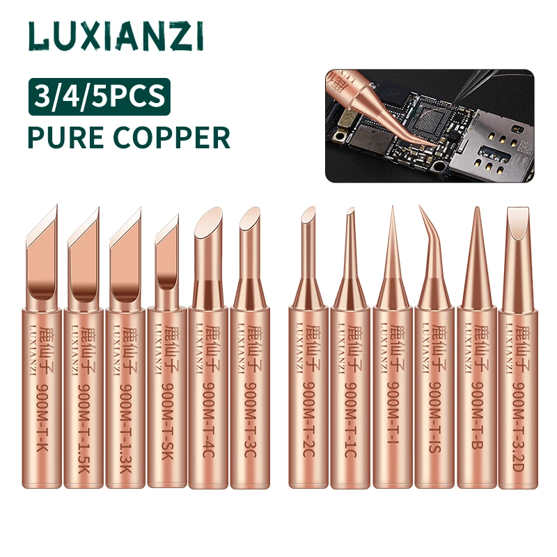 LUXIANZI 3/4/5pcs 900-T Pure Copper Soldering Iron Tip K/SK/I/IS/2.4D/3.2D Welding Head BGA Rework Station Soldering Tool Kit