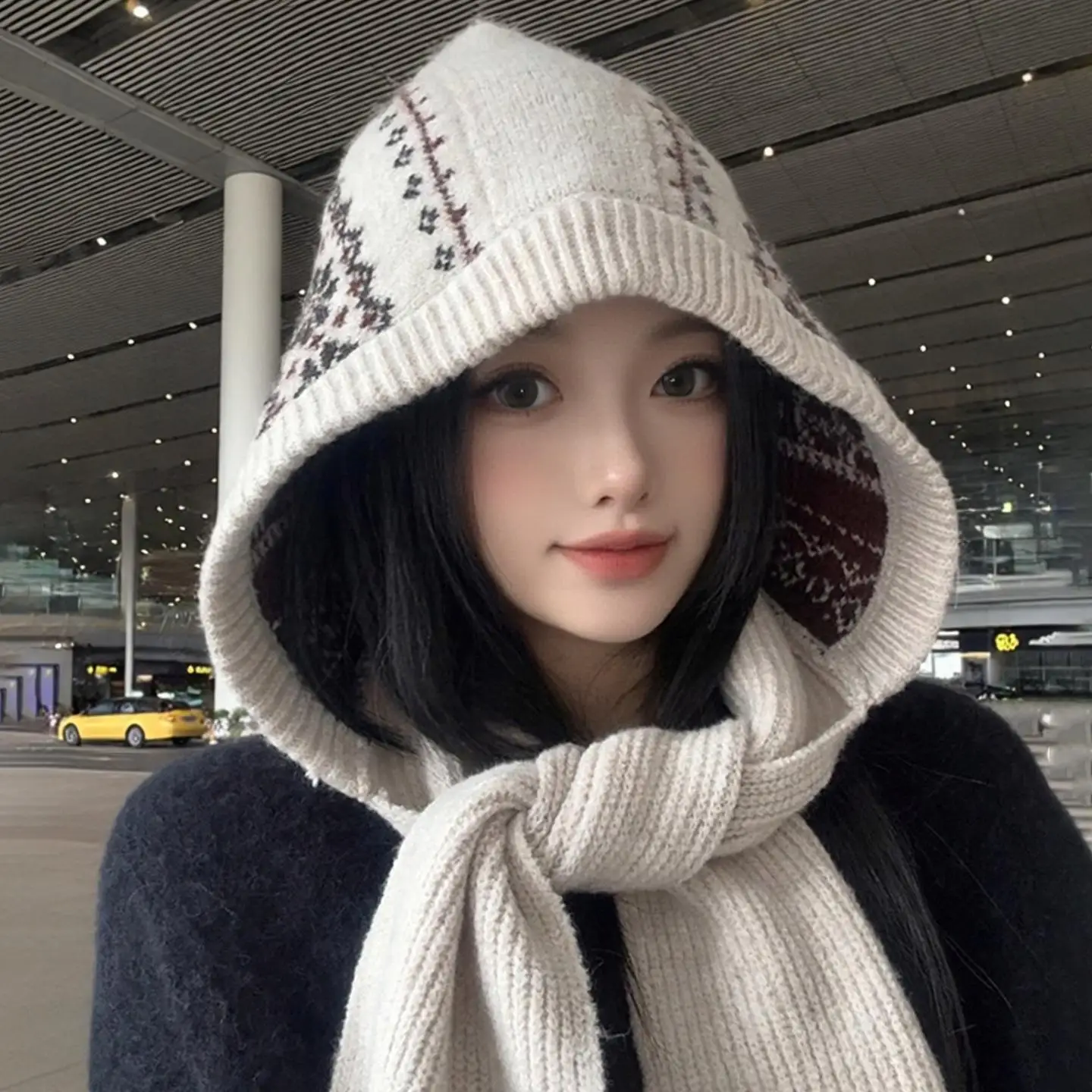 Knitted Balaclava Caps for Women Warm Collar Hooded Hat Thick Warm Beanies One-Piece Neck cover Scarf Cap Ski Cold Winter Hats