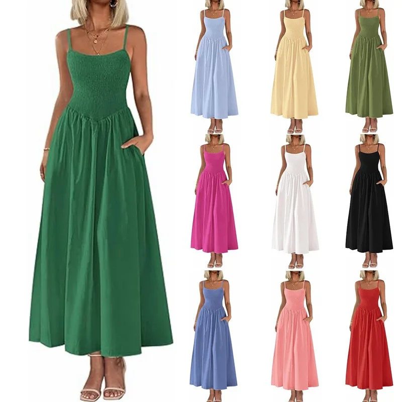 

2026 Summer New Fashion and Comfortable Women's Spaghetti Strap Pleated Vest Suspender Pocket Dress for Women