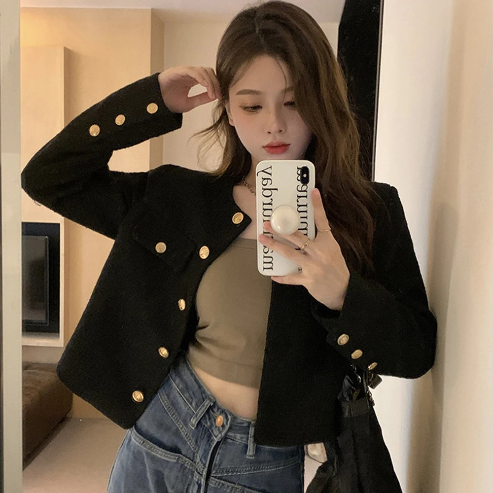 

Women Thickened Short Coat Spring Autumn New Style French Luxury Style Single Breasted Fashion Versatile Solid Color Top Trendy