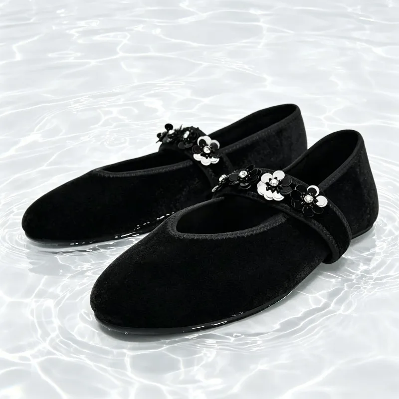 Luxury Designer Ballet Flats Women Unique Sequin Flower Decoration Mary Jane Shoes Comfort Lightweight Velvet Soft Sole Loafers