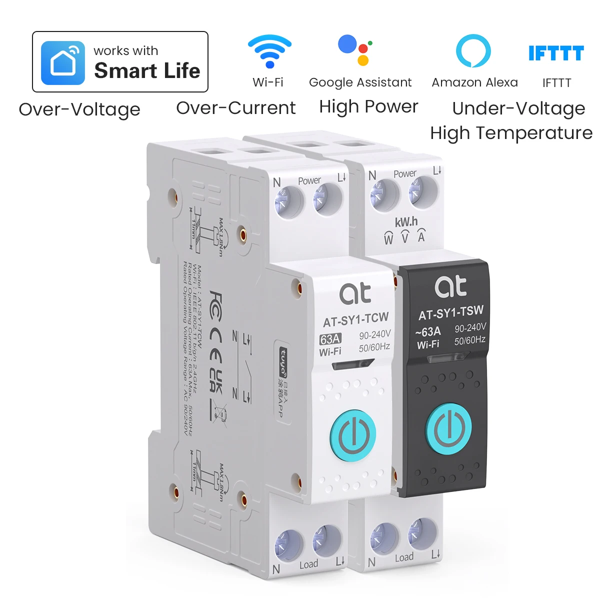 Tuya wifi disjuntor inteligente 1p + n 63a mcb temporizador energia de energia kwh tensão medidor corrente protetor interruptor controle remoto voz
