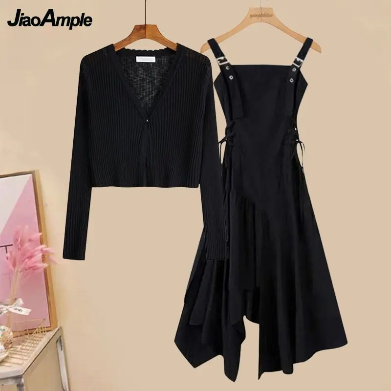 

Women's Autumn New Chic Black Knit Shirt+Strap Skirt Two Piece Suit Korean Elegant Long Sleeve Top+Irregular Dress Matching Set