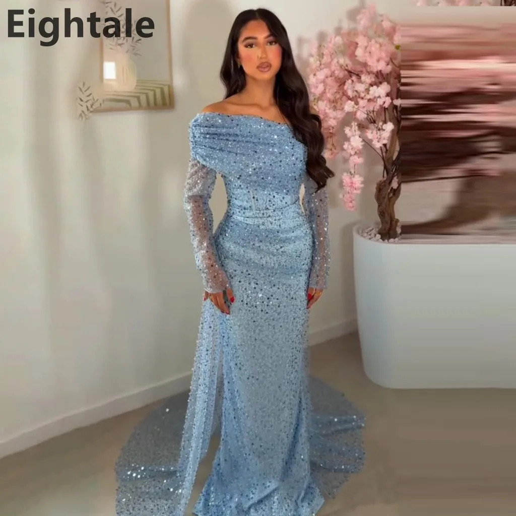 

Eightale 2025 Shinning Sequin Sky Blue Mermaid Maxi Prom Dress Train Evening Dress Women Formal Party Gown Customized