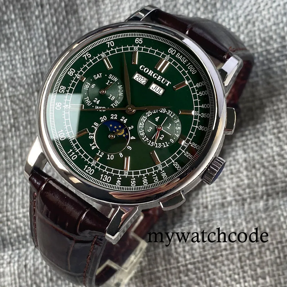 Corgeut Groen/Roze/Wit/Zwart/Blauw 42Mm Multifunctionele ST1655 Gepolijst Automatische Heren Horloge Lederen band