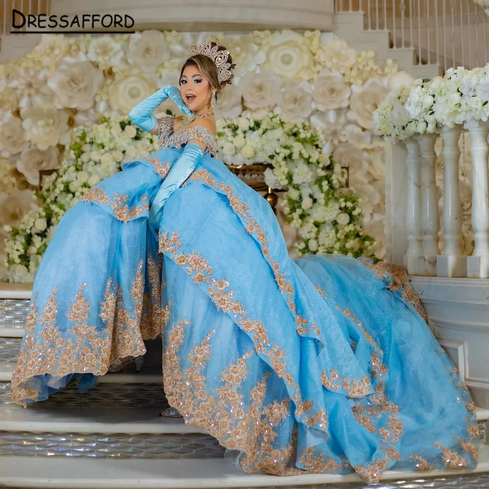 Robe de RhQuinceanera avec appliques florales pour filles, corset en dentelle, chérie bleue, hors de l'initiative, douce robe de soirée 15