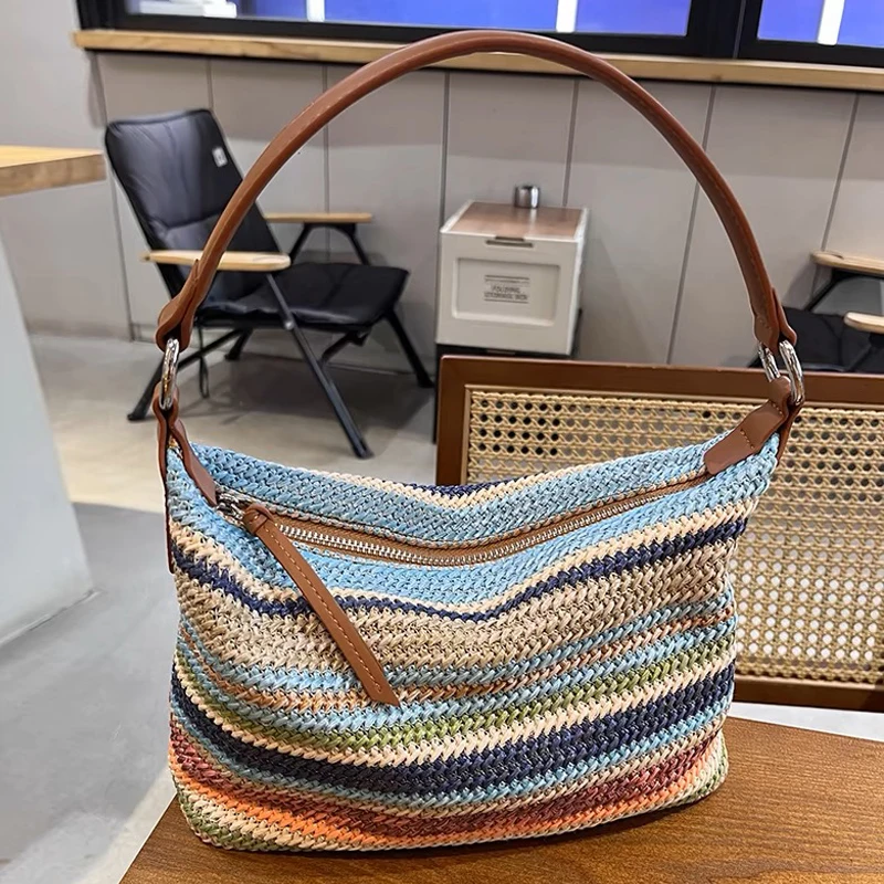 National Beach Hobos Straw Bags For Women Luxury Designer Handbag And Purses 2024 New In Papyrus Woven Colorful Striped Shoulder