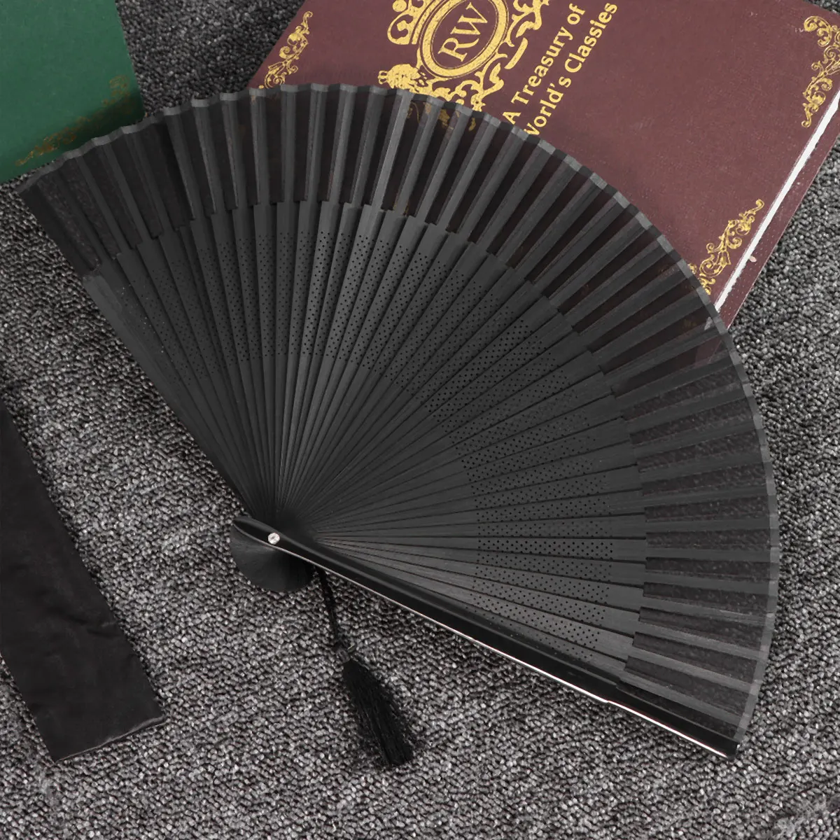 

All Black Folding Fan Style Antiquities Chinese Handheld Dance Wooden Women's