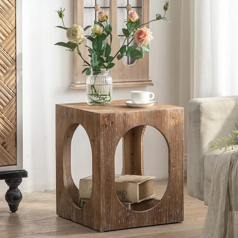 Retro and old solid wood storage corner table, light luxury living room, bedroom, bedside coffee table