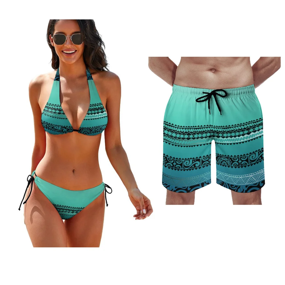 Aanpasbare Polynesische paar set dames bikini heren trunks tropische ontsnapping strand badmode jaar rond klaar