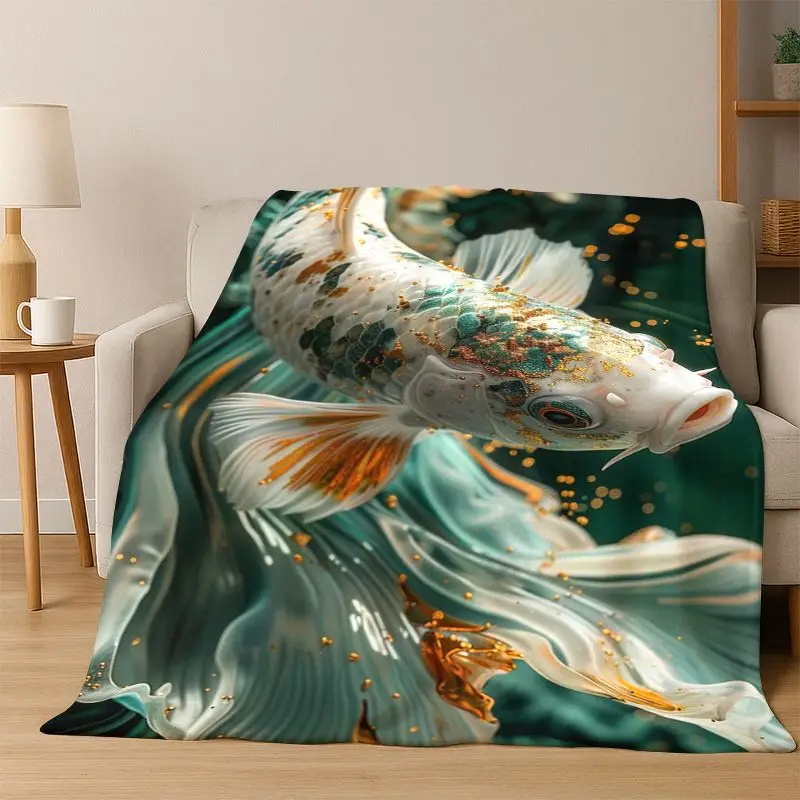 GOOD LUCK Koi Fish Yin Yang Carp Cartoon Flannel Blanket Soft Warm Throw Blanket for Bedroom Living Room Bed Travel Picnic Gift