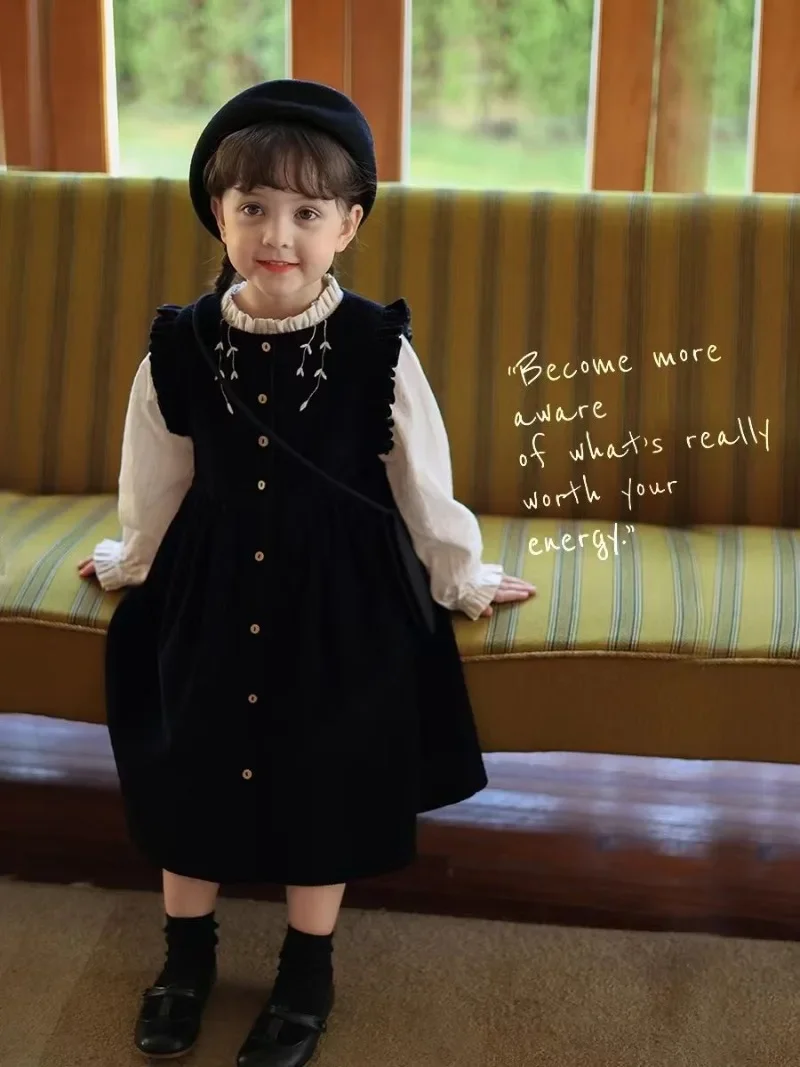 Girls' 2025 New Arrival Dress Set - Vest & Corduroy Long Sleeve Shirt Combo, Chic & Stylish for Spring/Autumn, 4-12 Years Old