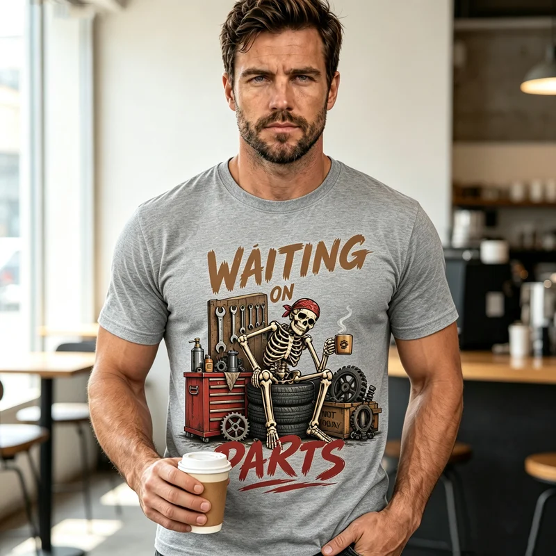 Mens Waiting on Parts T Shirt Skeleton Mechanic Graphic Casual Cotton Short Sleeve Biker Gift Tee Y2k Top Harajuku