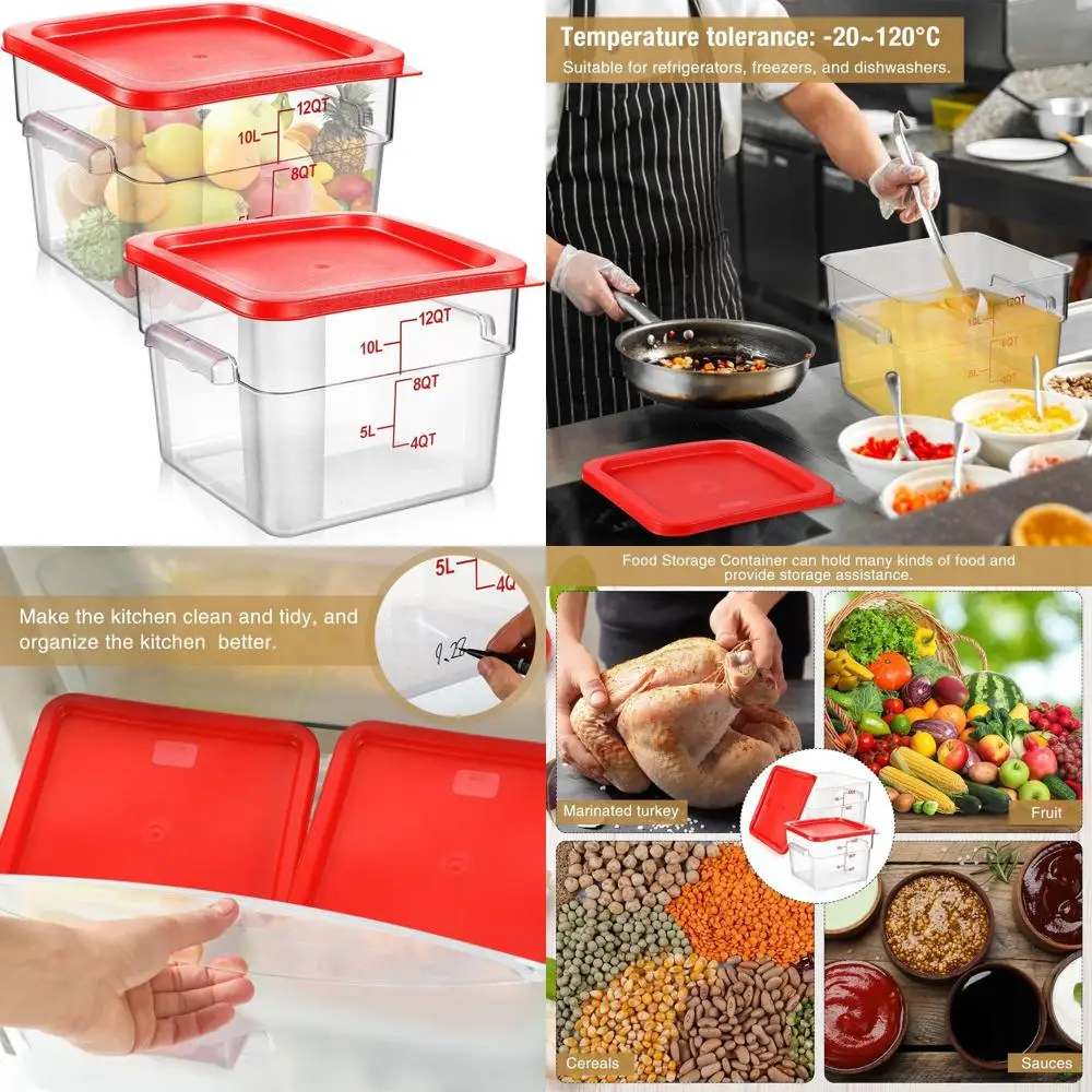

12-Quart Clear Polycarbonate Square Food Containers with Red Lids for Commercial Use