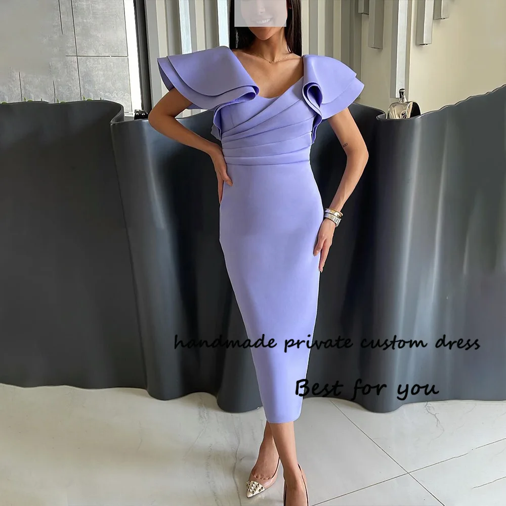 

Lavender Satin Mermaid Saudi Arabic Formal Dress Evening Gowns Cap Sleeve Slim Fits Women Prom Party Dress Dubai Outfits