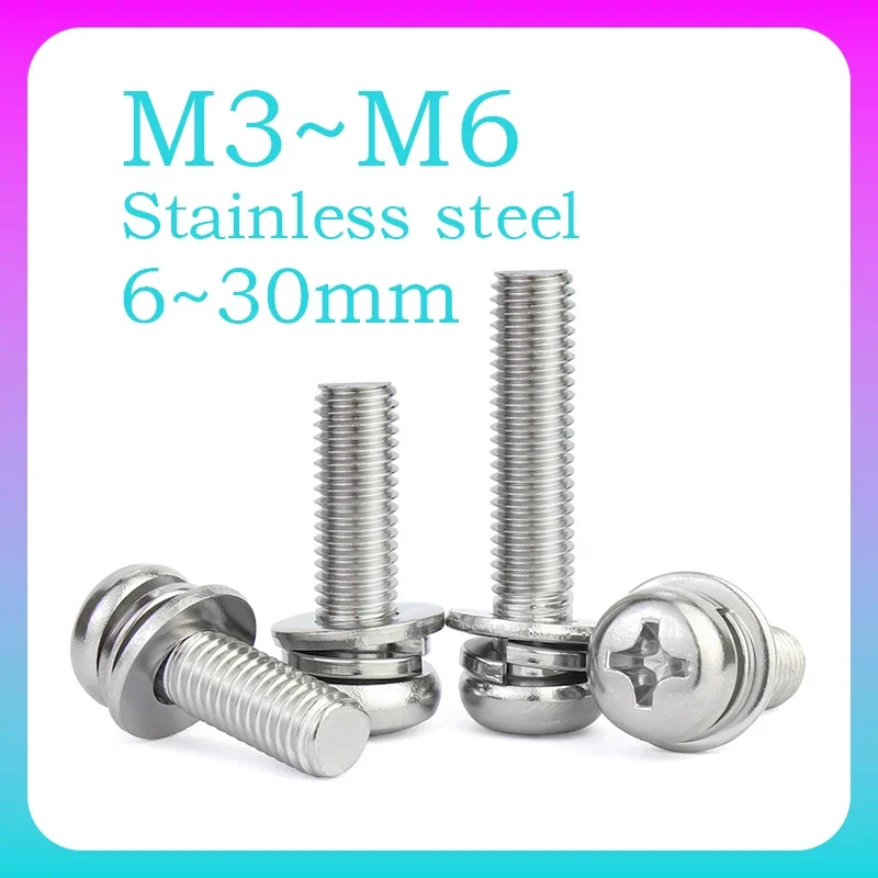 5~20 Pcs Phillips Round Pan Head 3 Set Screw M3 M4 M5 M6 Spring Washers Cross Pan Head Bolt Set Length 6-30mm