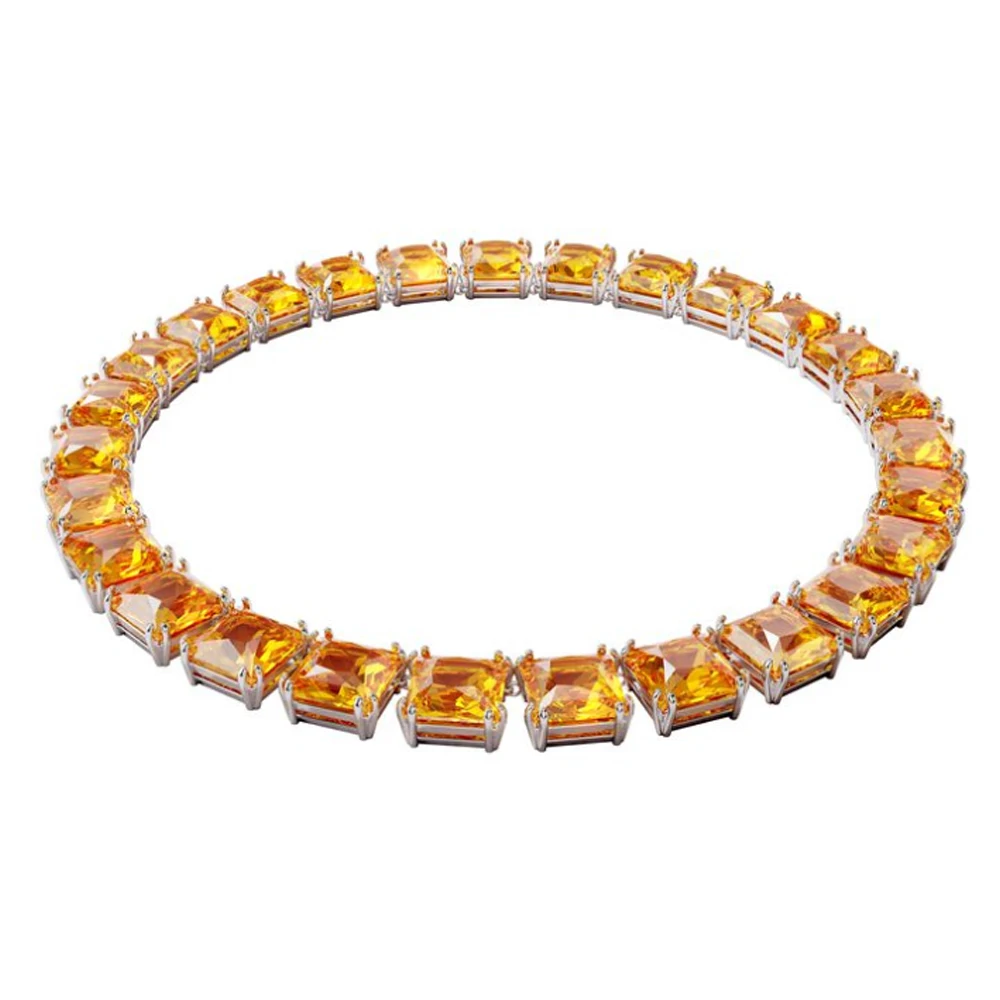 

Серебристое ожерелье-чокер с оранжевыми квадратными кристаллами в теннисном стиле