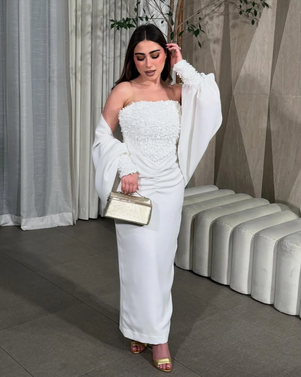 

Customized Exquisite Women Jersey Sequined Beading Sheath Evening Dress High Quality Strapless Long Sleeves Ankle Length Dresses