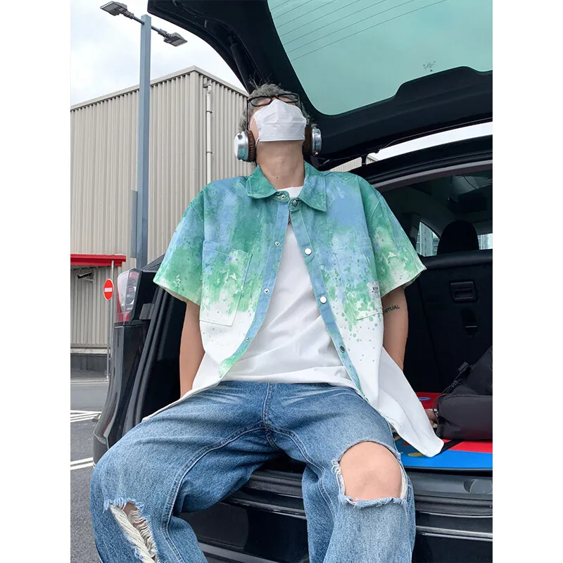 Denim Short Sleeve Shirt Men Tie Dye Gradient Fashion Youth Casual Summer Trendy Stylish Cotton Breathable Streetwear Hip Hop