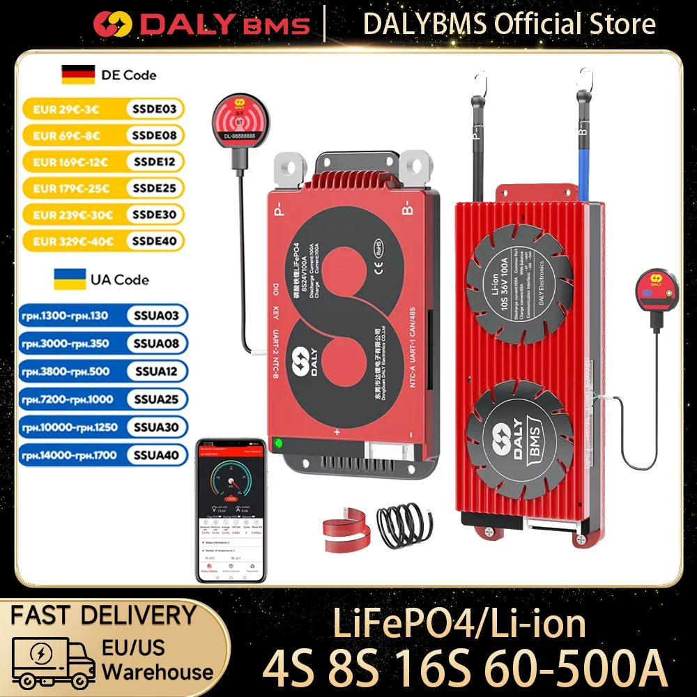 DALY BMS SMART BMS 1A balanceador activo Lifepo4 CANBUS 4S 12V 8S 24V 16S 48V almacenamiento de energía 100A 150A 200A 250A batería