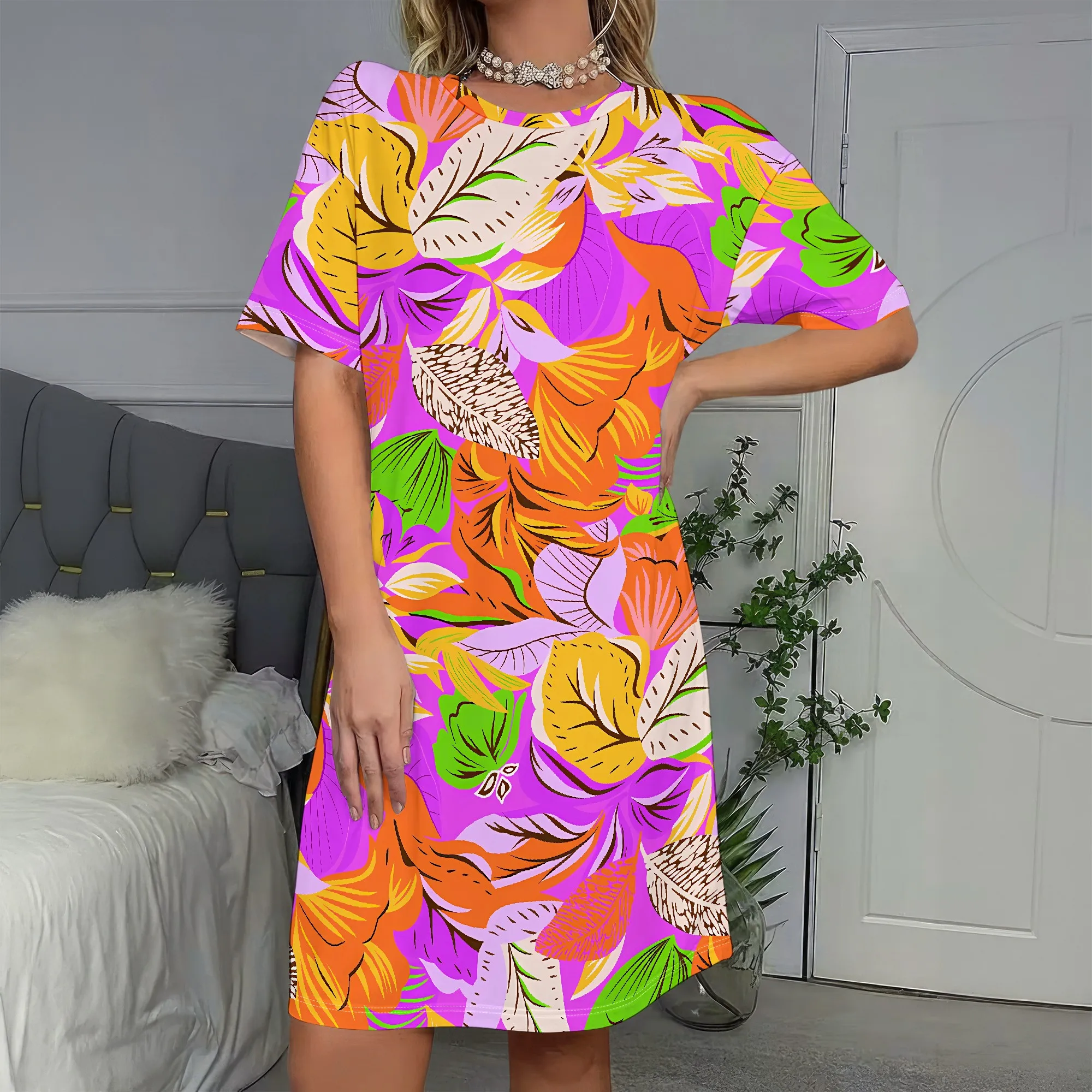 

Vibrant Tropical Print Dress, Floral Summer Mini Dress, Colorful Leaf Pattern Sundress, Vacation Beach Wear for Women, S-2XL
