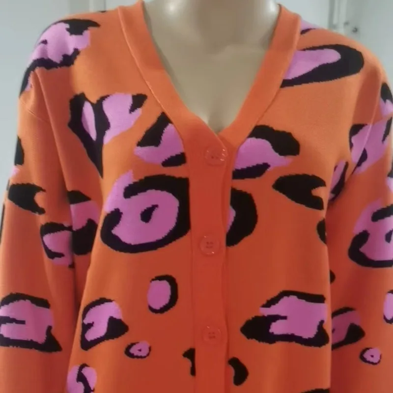 Cardigã com estampa leopardo gola v feminino, lanterna geométrica, manga comprida, botão, rosca, casacos monocromáticos, tops casuais, outono,