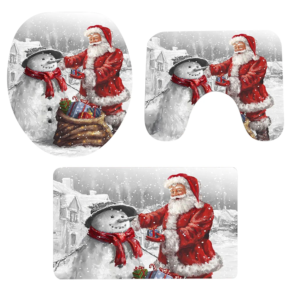 3 Pcs/set Bathroom Non-slip Mat Christmas Santa Claus And Snowman Toilet Seat Cover And Rug New Year Decorations Home Floor Mat