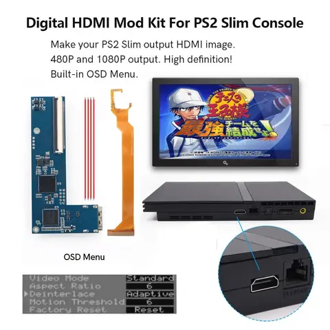 Hispeedido 1080P PS2 슬림 디지털 HDMI 모드 키트 PS2 슬림 콘솔용 디지털-디지털 HDMI 모드 키트