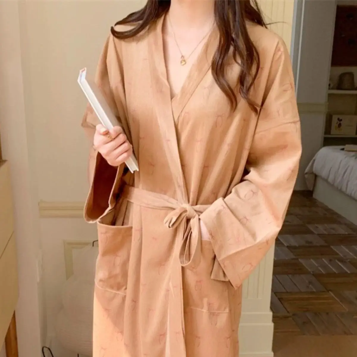 

Korean Style Long-sleeved Floral Robe Women's New Autumn Winter Casual Loose Bathrobe Pajamas Home Wear Night Ladies Funny Gifts