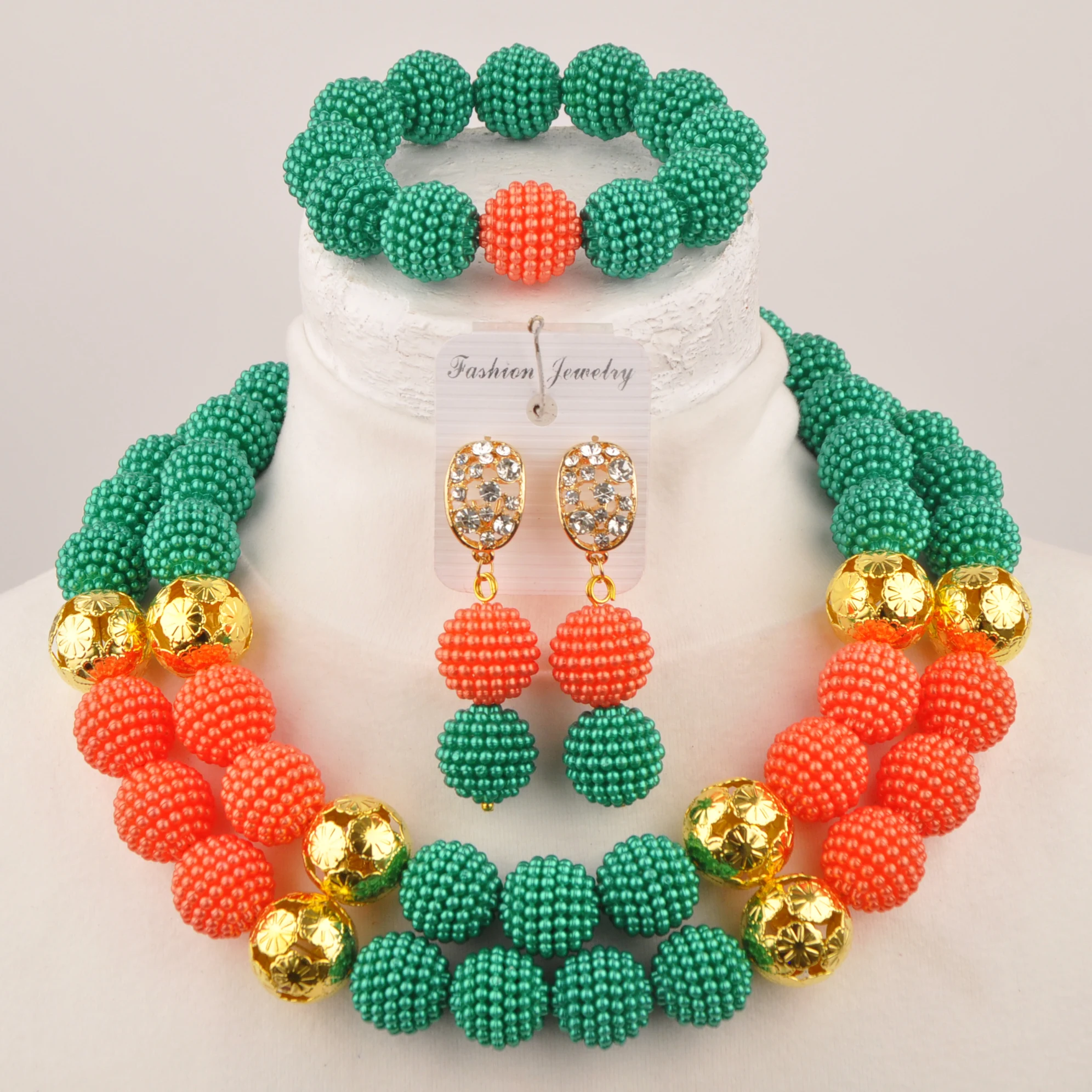 

Laanc African Wedding Collection Teal-Orange Nigerian Beads jewellery sets