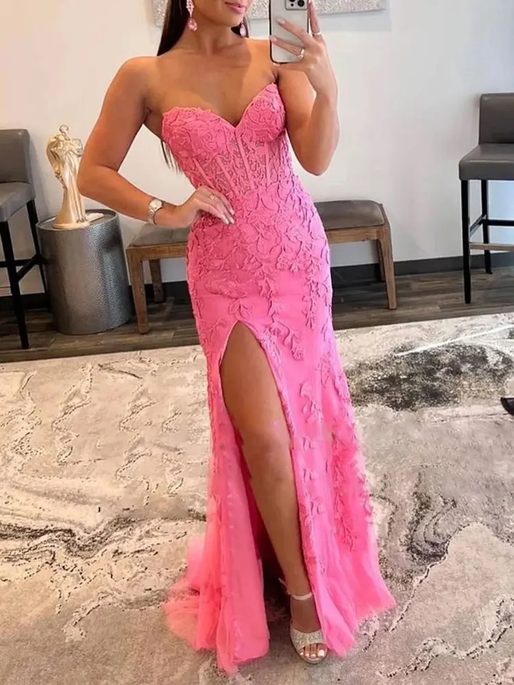 2024 Vestidos de fiesta de sirena sin tirantes de tul Apliques con cuello en forma de corazón Vestido de noche hasta el suelo Vestido de fiesta con cordones y abertura alta