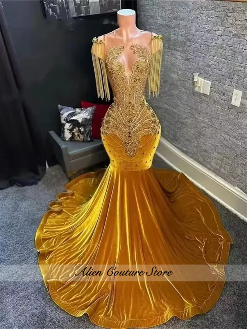 Exquisite Gold Velour Long Mermaid Prom Dress 2025 Glitter Beads Rhinestones Diamonds Tassels Birthday Party Gown Customized