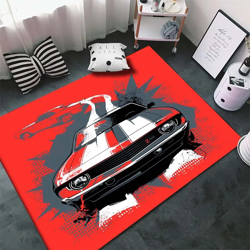 Classical Racing Car Carpet for Living Room Cool Red Vintage Car Floor Mats Home Bedroom Decor Supercar Non-Slip Floor Pad Rugs