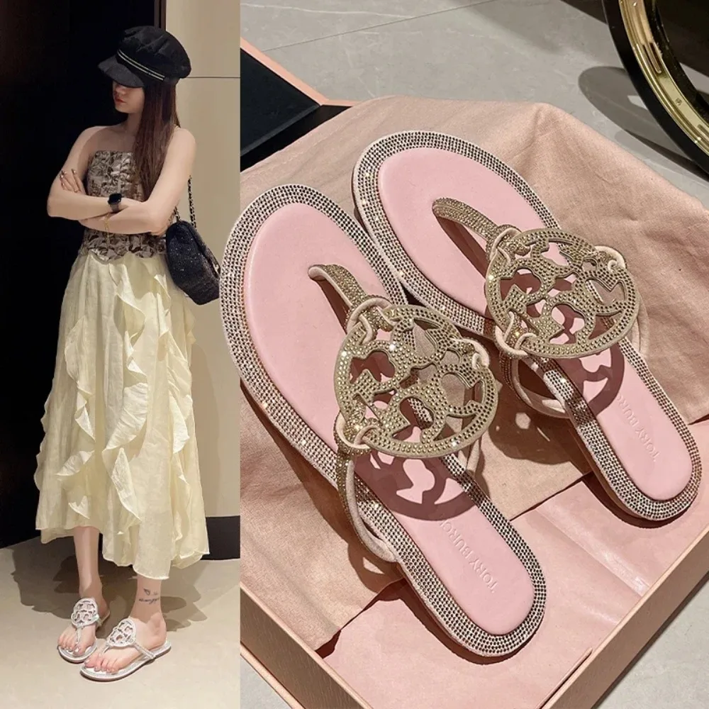 2025 Summer New Girls Flip-flops with Rhinestones Comfort Leather Slippers sandals for Women Dressy Flat Slides Casual Shoes