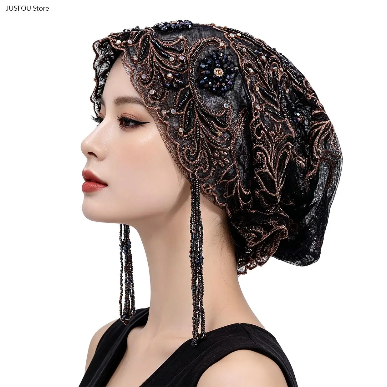 Women Heavy Embroidered Handmade Beaded Tassel Turban Hat, Fashion Decorative Head Wrap Cap for Daily Occasions